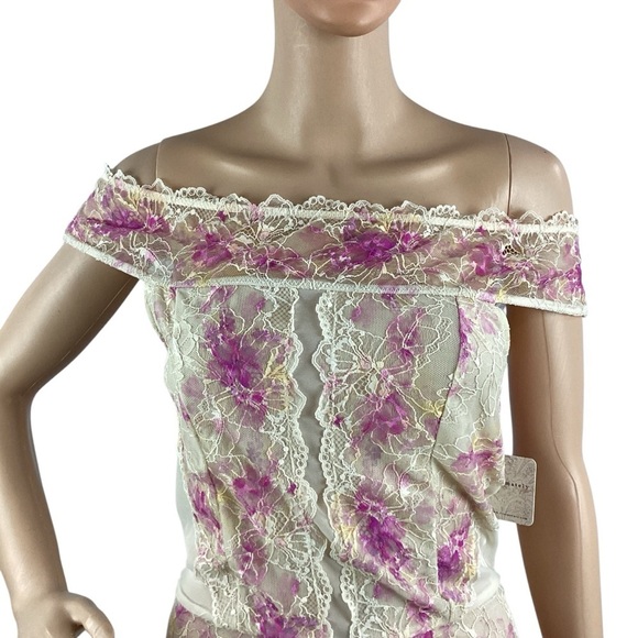 Free People Intimately Bodysuit Size M Off Shoulder Floral Lace Ivory Pink - Picture 2 of 9